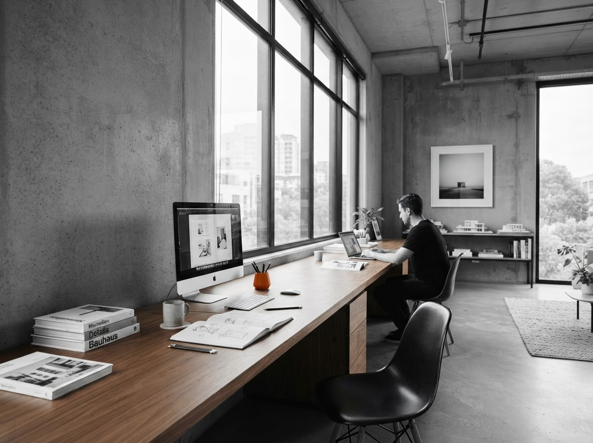 The FORMA studio interior — minimalist workspace with concrete walls and large windows