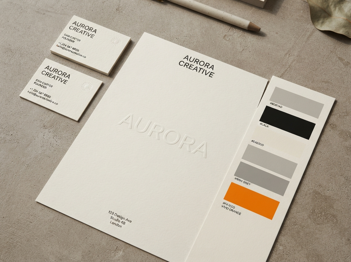 Brand identity system detail — business cards, embossed letterhead and colour swatches