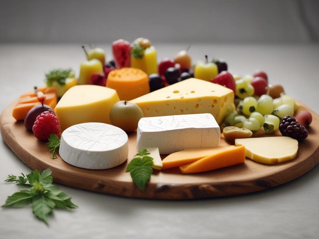 A close-up shot of a beautifully arranged cheese platter featuring various types of cheese such as Brie, Cheddar, and Gouda, garnished with fresh herbs and fruits. The background is softly blurred to emphasize the textures and colors of the cheese, shot with a 45mm f/1.2 lens to create a warm, inviting atmosphere, compatible with the #FF6E4E primary color.