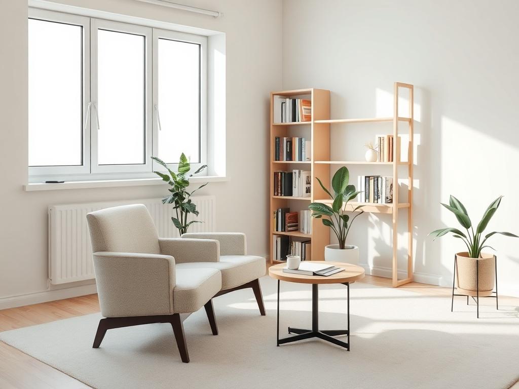 Create a realistic high-resolution photo of a modern therapist's office with soft, neutral colors. The office should feature a comfortable chair, a small coffee table with a notepad and pen, and a large window allowing natural light to fill the space. In the background, include a bookshelf filled with psychology books and a potted plant to add warmth. The composition should be minimalistic, focusing on the inviting atmosphere that encourages open conversation.