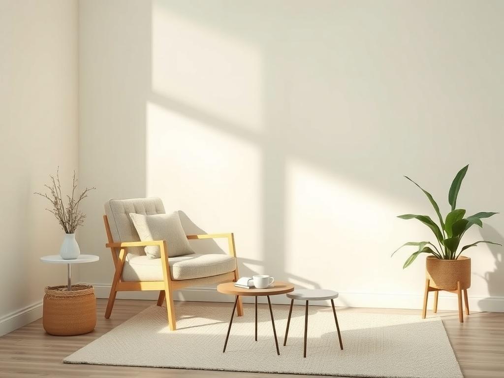 A serene and inviting therapy room featuring a comfortable chair, soft lighting, and calming decor. The room should have minimalistic elements with clean lines, using a color palette of soft greens and neutrals to create a peaceful atmosphere. A small table with a notepad and a cup of tea adds warmth. The background should be simple and uncluttered to emphasize tranquility.