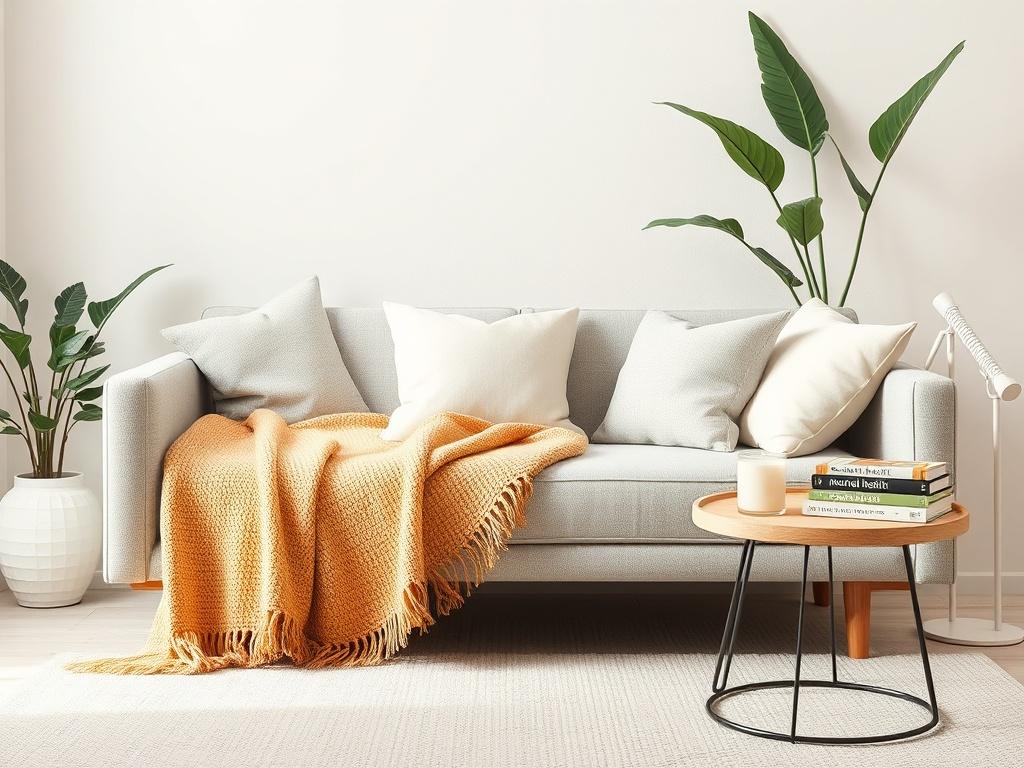 A cozy therapy space that showcases a plush couch with soft cushions and a warm throw blanket. There should be a small side table with a soothing candle and a few books on mental health. The backdrop should have neutral tones with some greenery to add a refreshing touch, emphasizing comfort and safety in the environment.