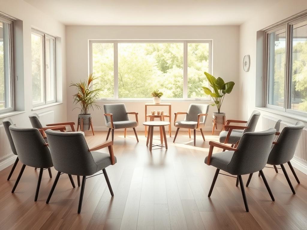 An inviting group setting with chairs arranged in a circle, creating an inclusive atmosphere. The room should have large windows allowing natural light to filter in, enhancing positivity. Simple, calming decorations and a soft color palette will promote openness and connection. A small table with refreshments can be seen in the background, fostering community.