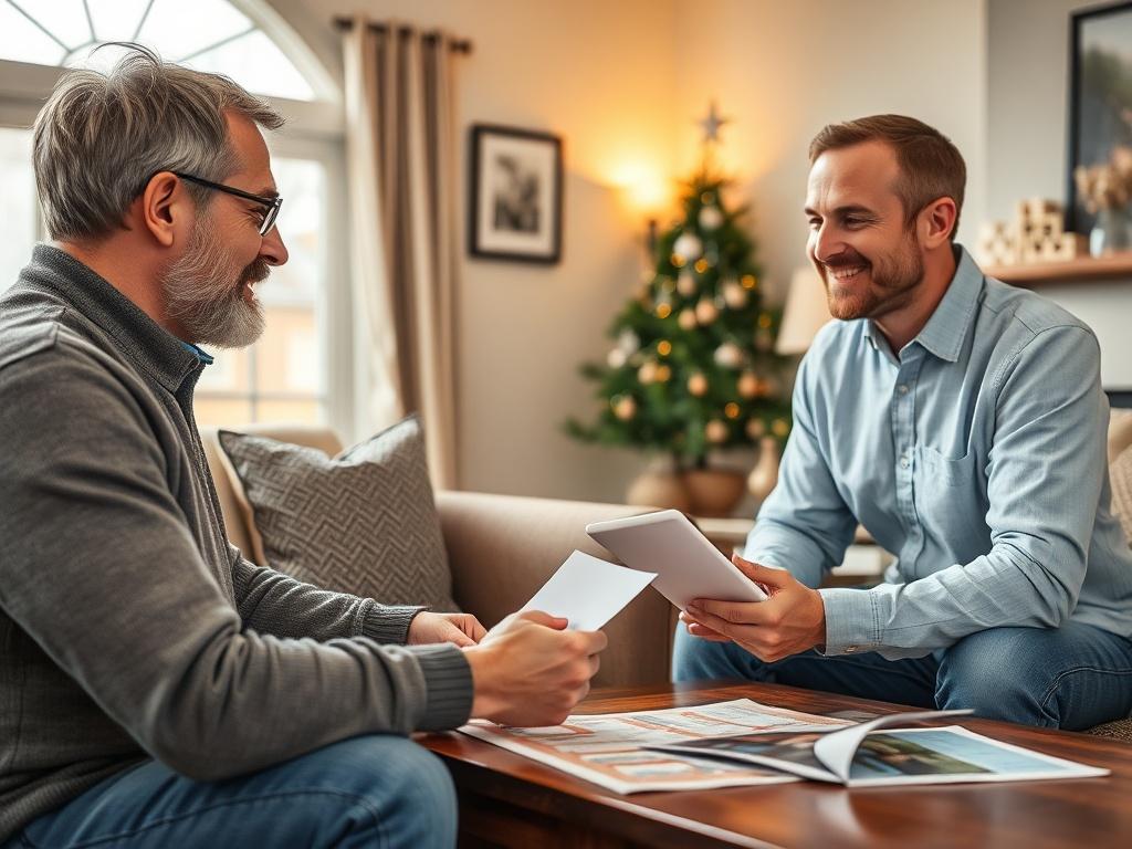 An estimator discussing options with a homeowner in a cozy