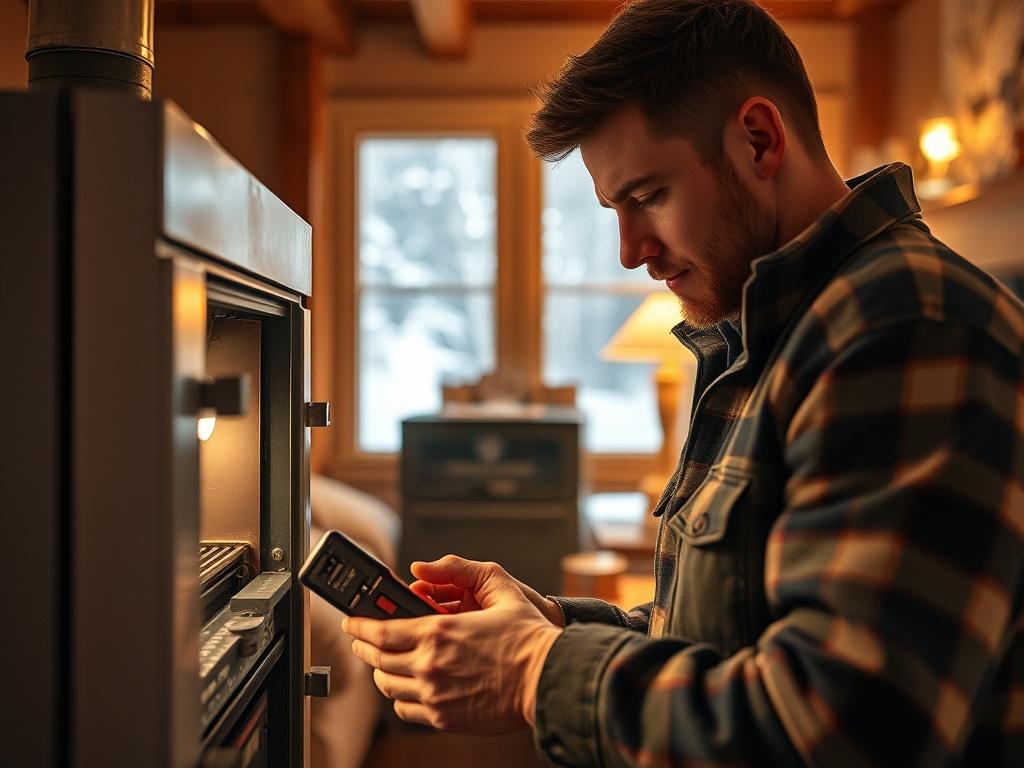 A technician in a cozy living room, examining a furnace