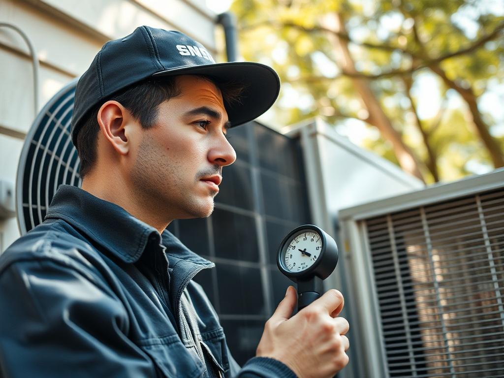 A technician outside an air conditioning unit, troubleshooting with a