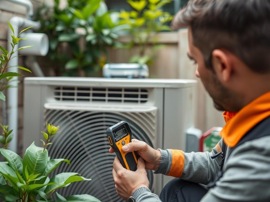 A technician performing a maintenance check on an air conditioning