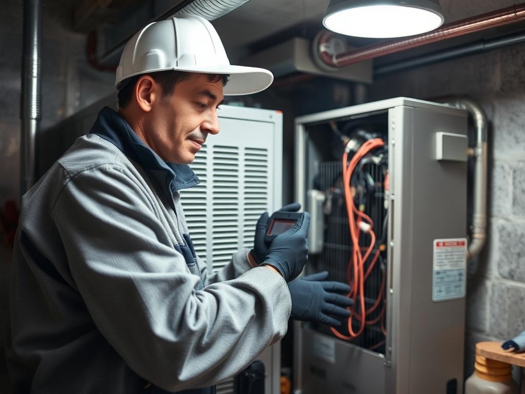 A technician performing a seasonal tune-up on an HVAC unit inside a residential basement, highlighting the technician's meticulous attention to detail. The background shows a clean and organized workspace, reinforcing the importance of maintenance in HVAC systems. The image should be rendered in high resolution with a close-up shot style.