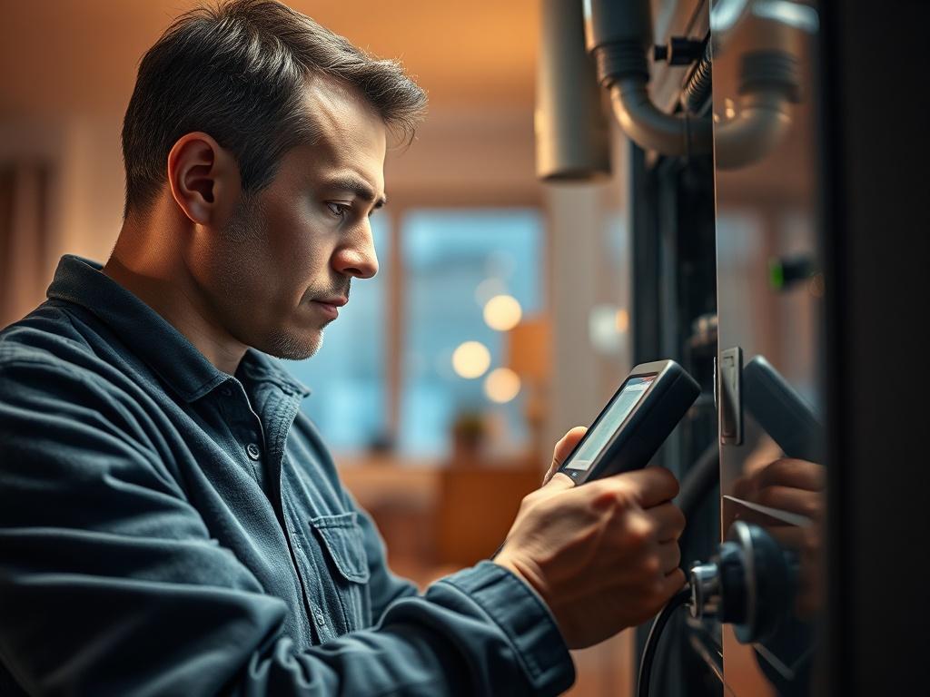 A skilled technician using diagnostic tools on a heating system in a residential setting, capturing the focus on the technician's concentrated expression. The background features a well-lit room with subtle warmth, emphasizing the importance of heating systems in maintaining comfort. The image should be rendered in high resolution with a close-up shot style.