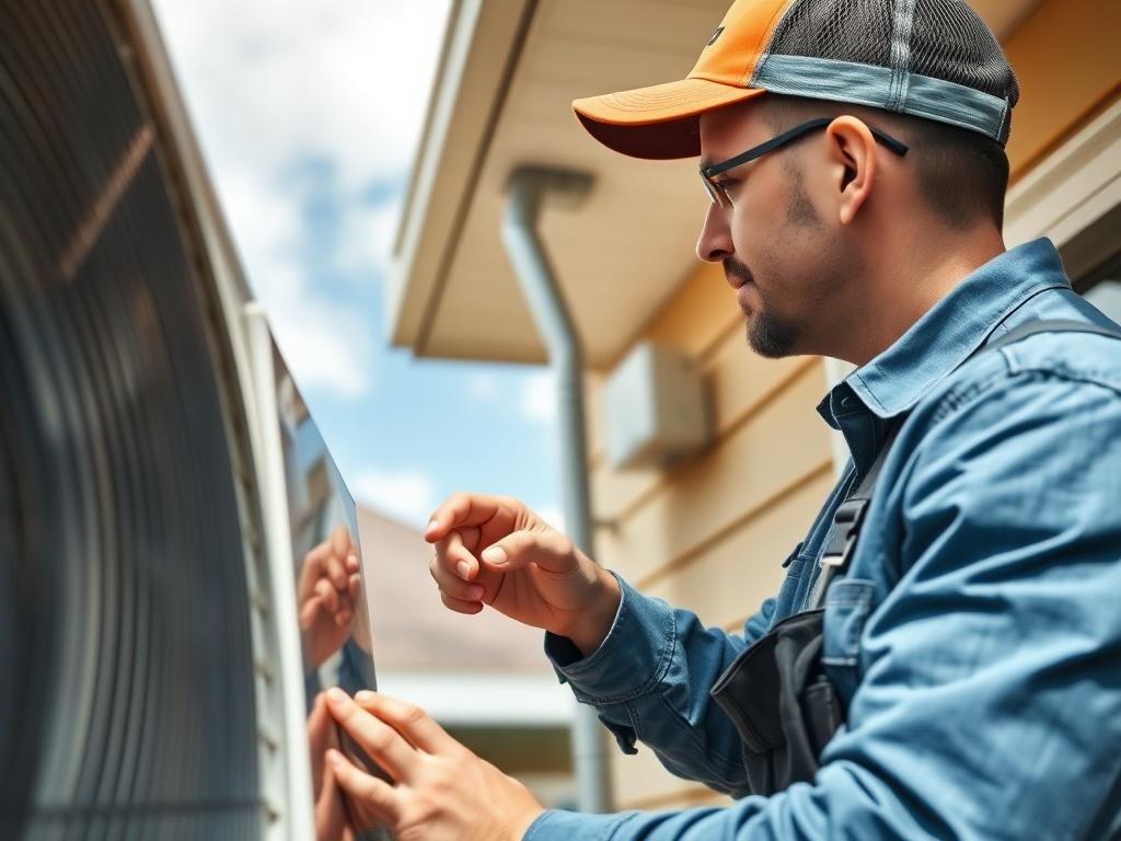 A technician repairing an air conditioning unit outside a residential home, showcasing the technician's expertise and focus. The background includes a sunny outdoor setting with a clear sky, emphasizing the need for efficient cooling during summer. The image should be rendered in high resolution with a close-up shot style.