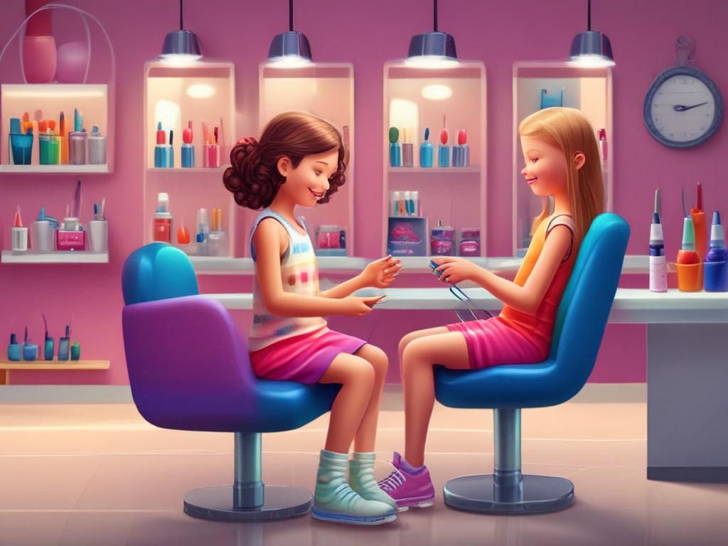 A joyful child sitting in a stylish nail salon, having their nails polished with vibrant colors. The child has a big smile on their face, surrounded by nail polish bottles in various colors. The background features a clean and minimalistic spa environment with soft lighting, enhancing the cheerful atmosphere.