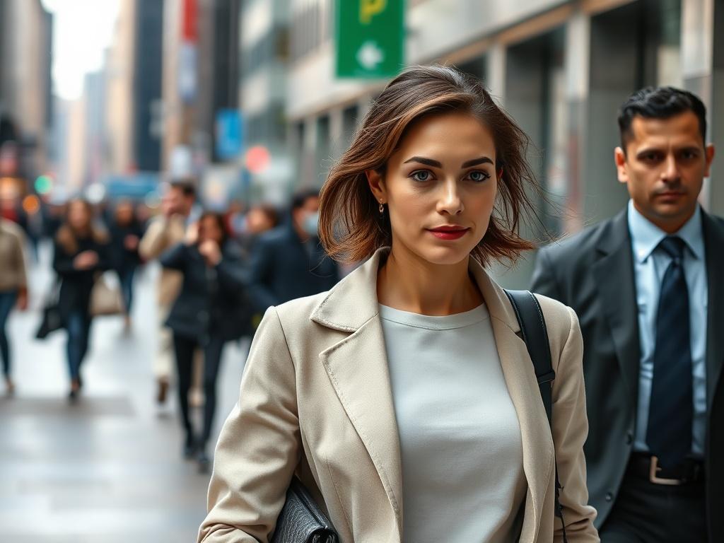 A close up shot of a woman walking confidently in