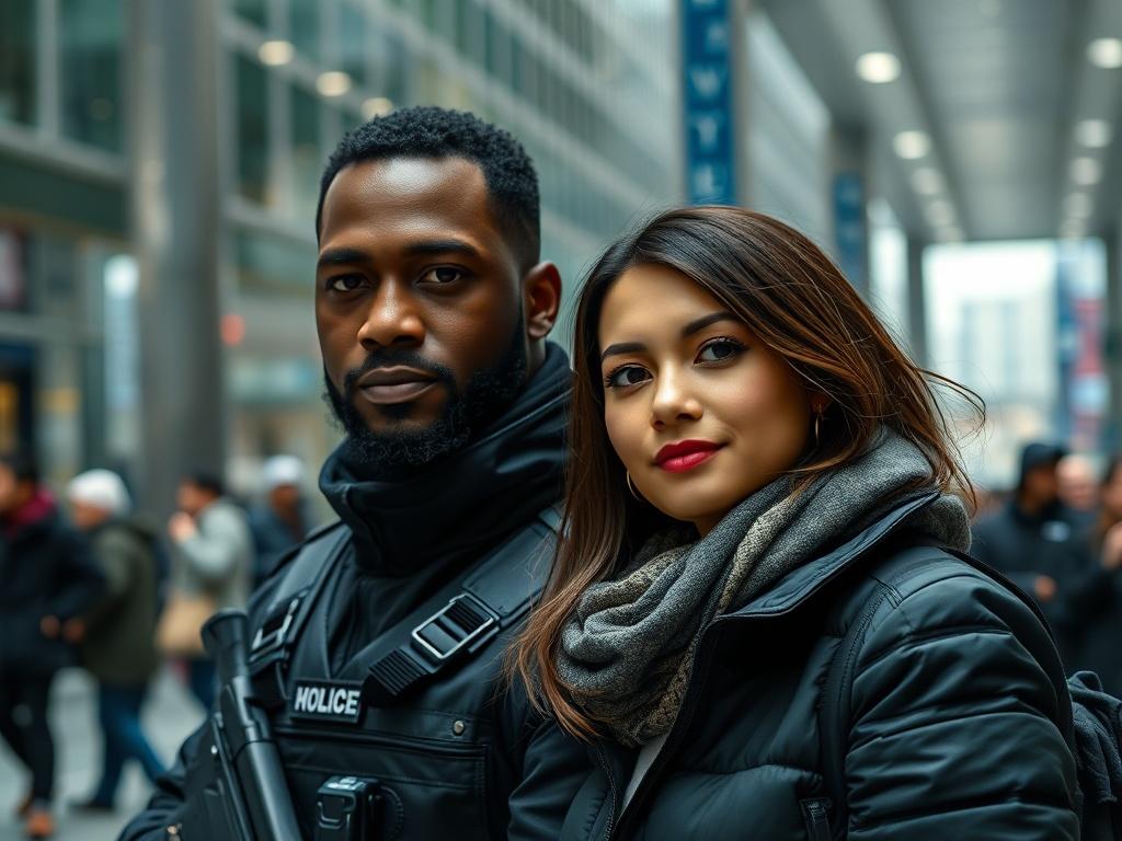 A close up of a professional bodyguard standing confidently beside