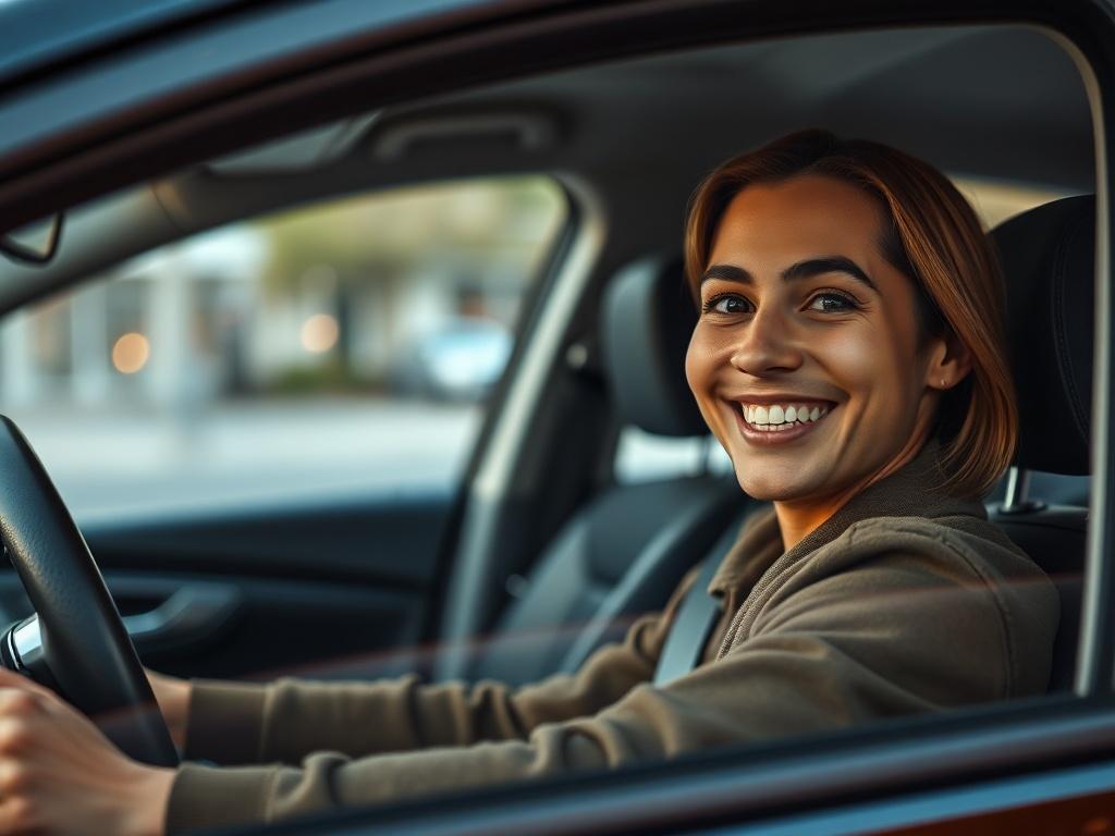 A close up shot of a friendly driver smiling while