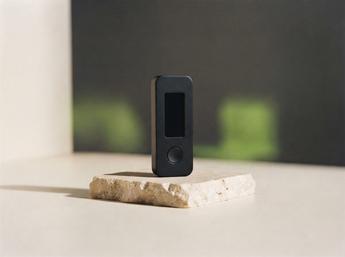 A compact hardware wallet on a softly lit stone plinth