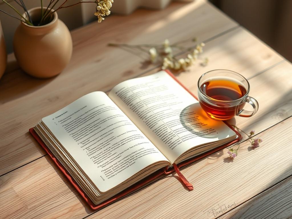 An inviting workspace featuring an open journal with beautifully designed pages. The journal lies on a wooden table, surrounded by a soft, warm light. A cozy cup of herbal tea sits beside it, and a few delicate flowers are placed nearby, creating a serene and inspiring atmosphere.
