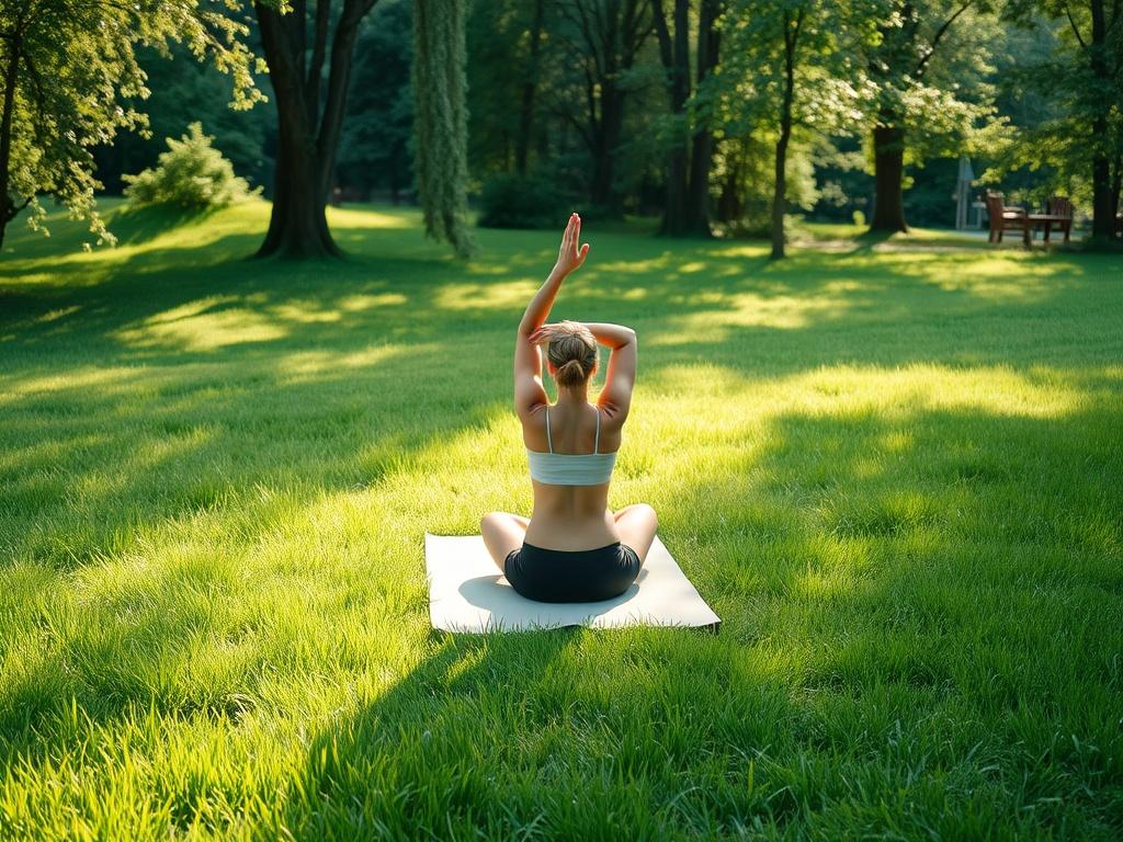 A tranquil outdoor setting featuring a yoga mat laid out on lush green grass. A person is performing a gentle yoga pose, surrounded by nature, with soft sunlight filtering through the trees. The atmosphere is peaceful and inviting, evoking a sense of calm and connection to nature.