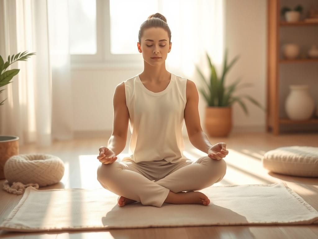 A serene image of a person sitting cross-legged on a soft mat, surrounded by gentle sunlight streaming through a window. The background features calming plants and soft, neutral colors, creating a peaceful atmosphere. The focus is on the individual meditating, showcasing their calm expression and relaxed posture.