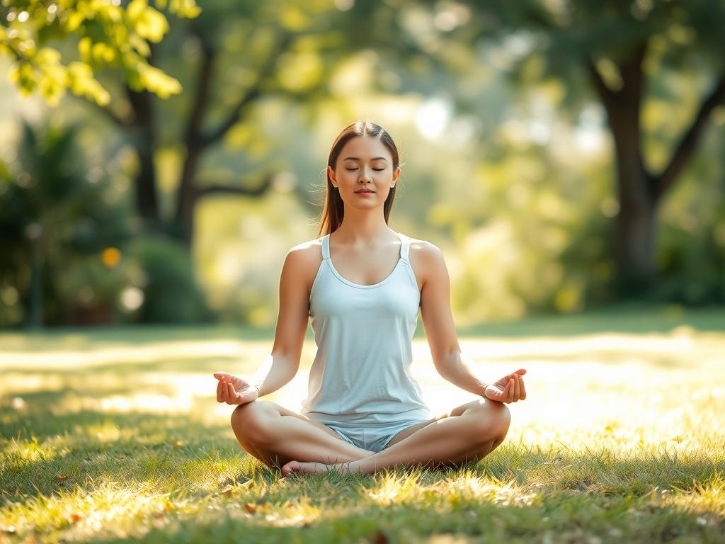 A serene individual meditating in a tranquil outdoor setting, surrounded by lush greenery and soft sunlight filtering through the trees. The subject is seated cross-legged on a gentle, grassy area, with a peaceful expression and hands resting on their knees. The background features a softly blurred backdrop of nature, conveying a sense of calm and connection to the earth. The overall atmosphere is peaceful, promoting a sense of inner exploration and self-discovery.
