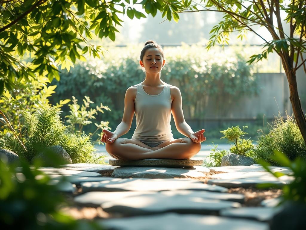 A serene scene of a person meditating in a tranquil