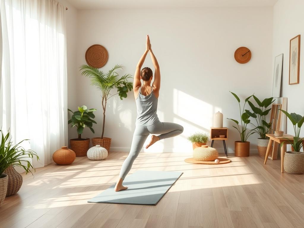 A peaceful yoga studio with a person practicing a yoga