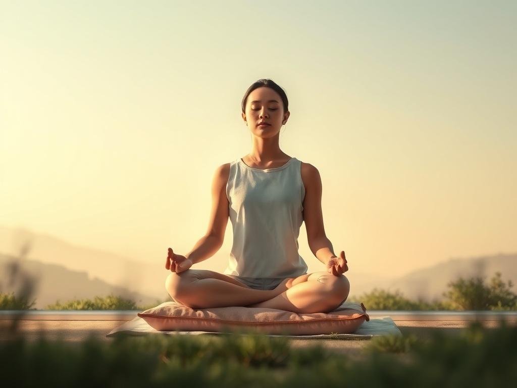 A serene setting featuring a person meditating in a tranquil