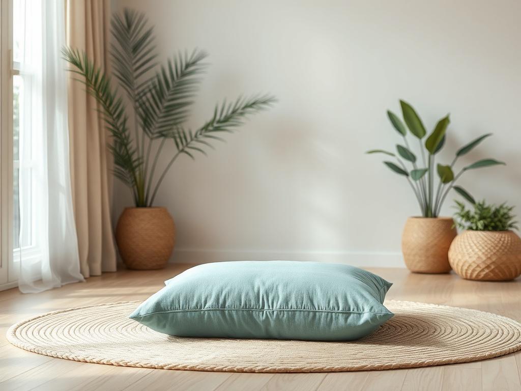 A serene and inviting meditation space featuring a single, comfortable cushion placed on a soft, natural rug. The background should depict a gentle, softly lit room with calming plants and natural elements, creating a peaceful atmosphere. The color palette should include shades of teal and soft earth tones, enhancing relaxation and tranquility.