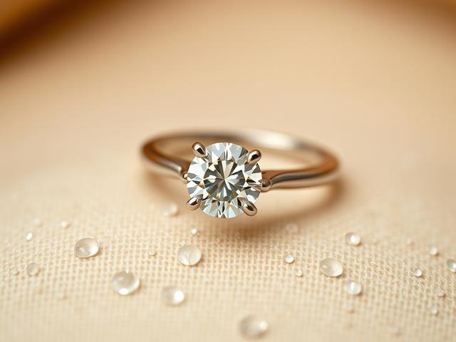 Create a realistic high-resolution photo that visually represents the blog titled "History of the Ring." The main focus of the image should be a beautifully crafted engagement ring, featuring a prominent diamond, expertly set in a simple yet elegant band. Capture the ring in a close-up shot, showcasing its intricate details and sparkling facets. 

The background should be softly blurred to enhance the ring’s prominence, using a natural, warm color palette that complements the primary color rgba(220, 205, 17