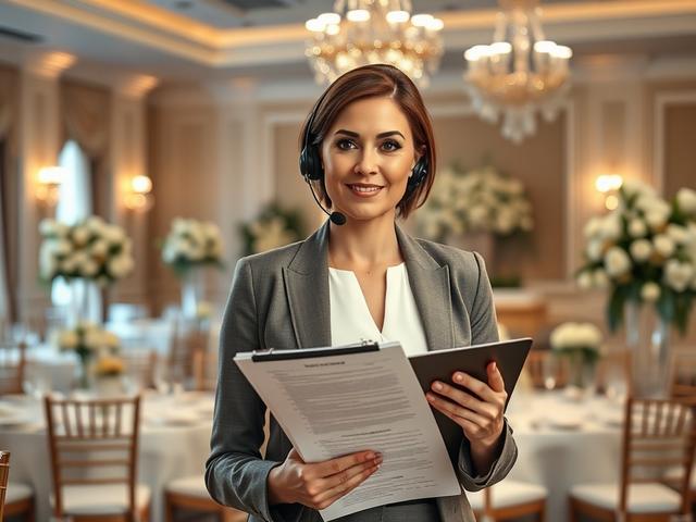 **AI Image Generation Prompt:**

Create a hyper-realistic high-resolution image showcasing a professional Day of Wedding Coordinator at work on a wedding day. The subject is a poised, organized woman in her mid-30s, dressed in a stylish yet professional outfit, holding a detailed wedding timeline clipboard and wearing a headset for communication. She is standing in a beautifully decorated venue, exuding confidence and control as she oversees the event. 

The background should feature an elegantly arranged r