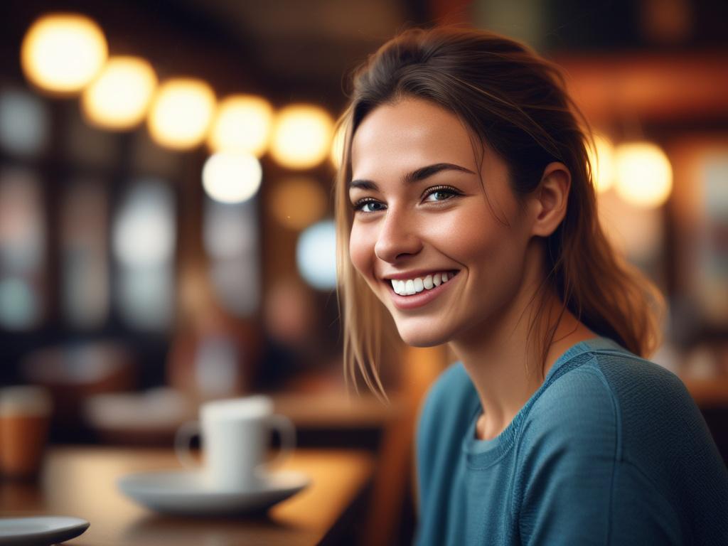 A beautiful young woman in casual attire, sitting in a