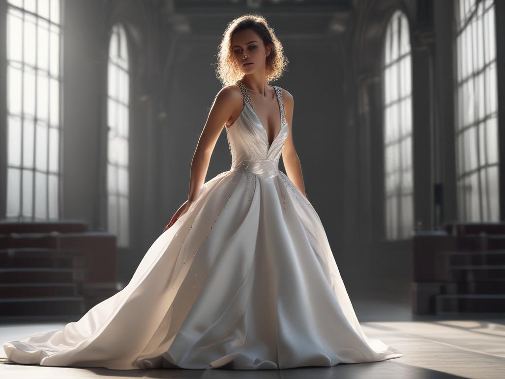 A stunning ramp model in an elegant gown, standing on