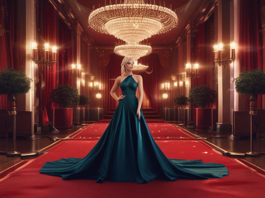 A glamorous escort dressed in an exquisite evening gown, posing