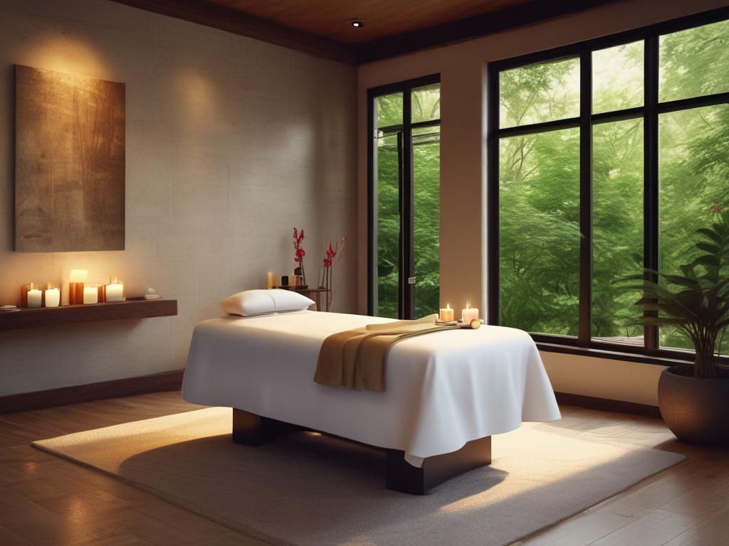 A serene spa setting featuring a massage table adorned with
