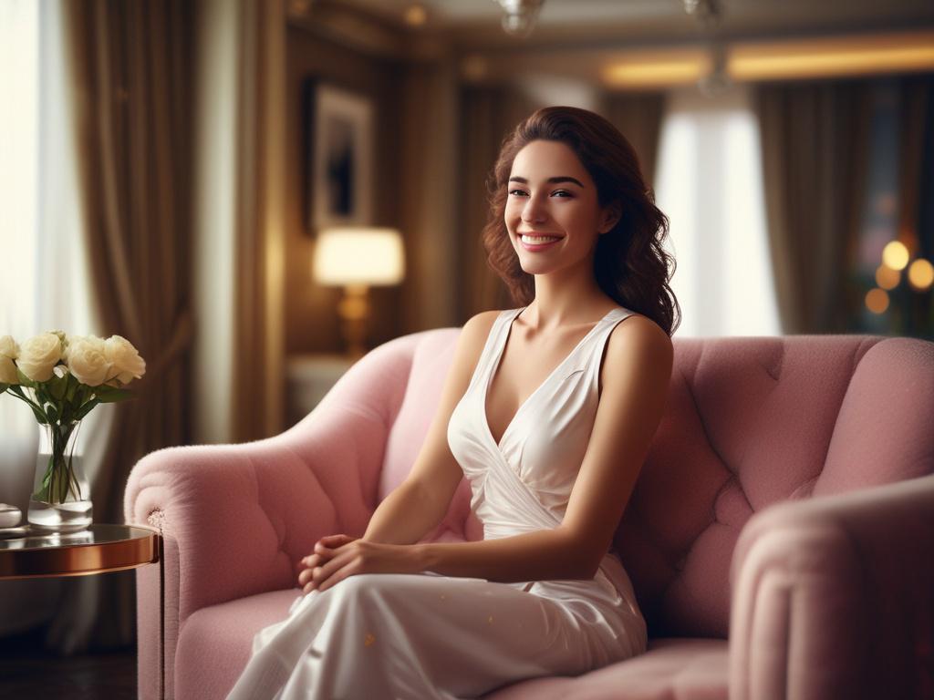 A beautiful young woman with a captivating smile, wearing elegant