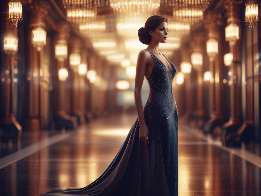 An elegant woman dressed in a glamorous evening gown, standing