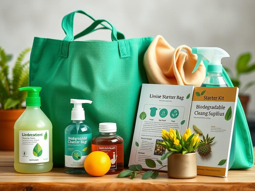 A close-up shot of an eco-friendly starter kit including reusable shopping bags, biodegradable cleaning supplies, and a guidebook. The background should be softly blurred, highlighting the kit's items with vibrant colors. The image should evoke a sense of sustainability and care for the environment, capturing the essence of a greener lifestyle.