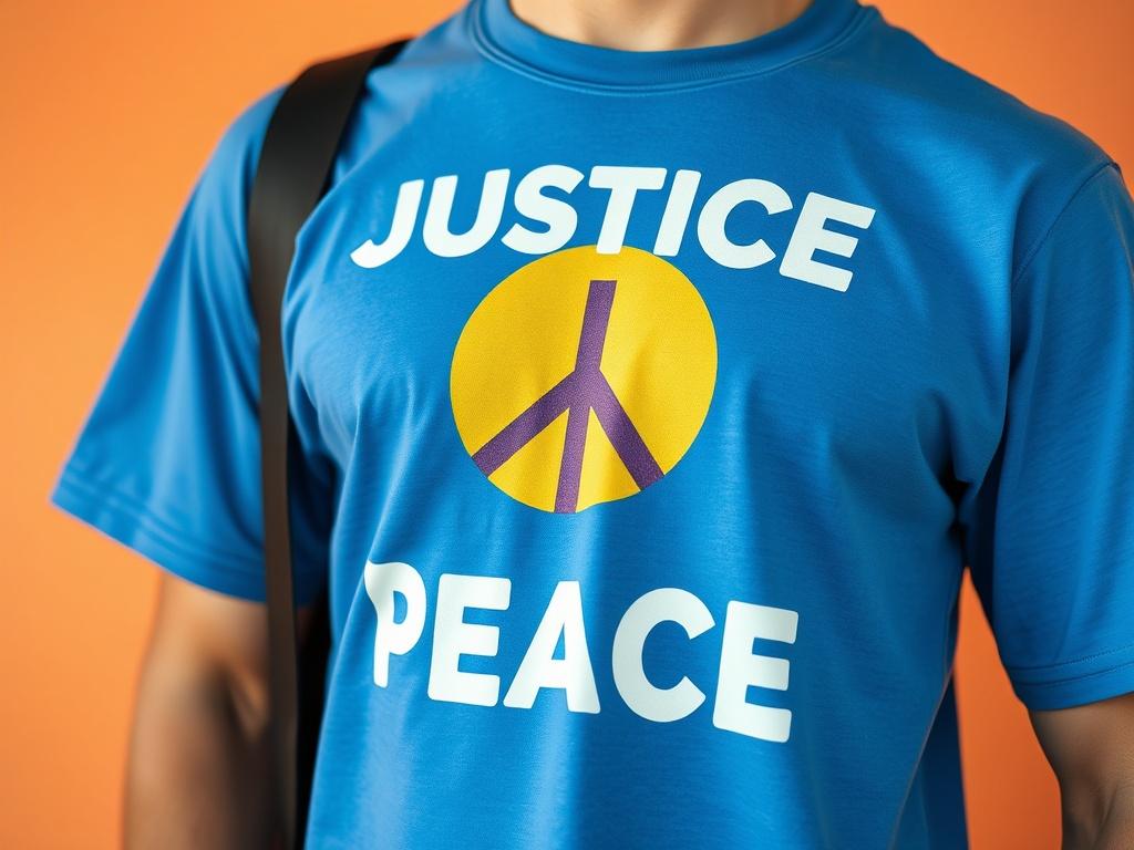 A close-up shot of an organic cotton t-shirt featuring a vibrant design promoting justice and peace. The t-shirt should be displayed on a simple background that emphasizes its message and colors. The image should convey a sense of activism and commitment to social causes, inviting viewers to engage with the idea of advocacy.