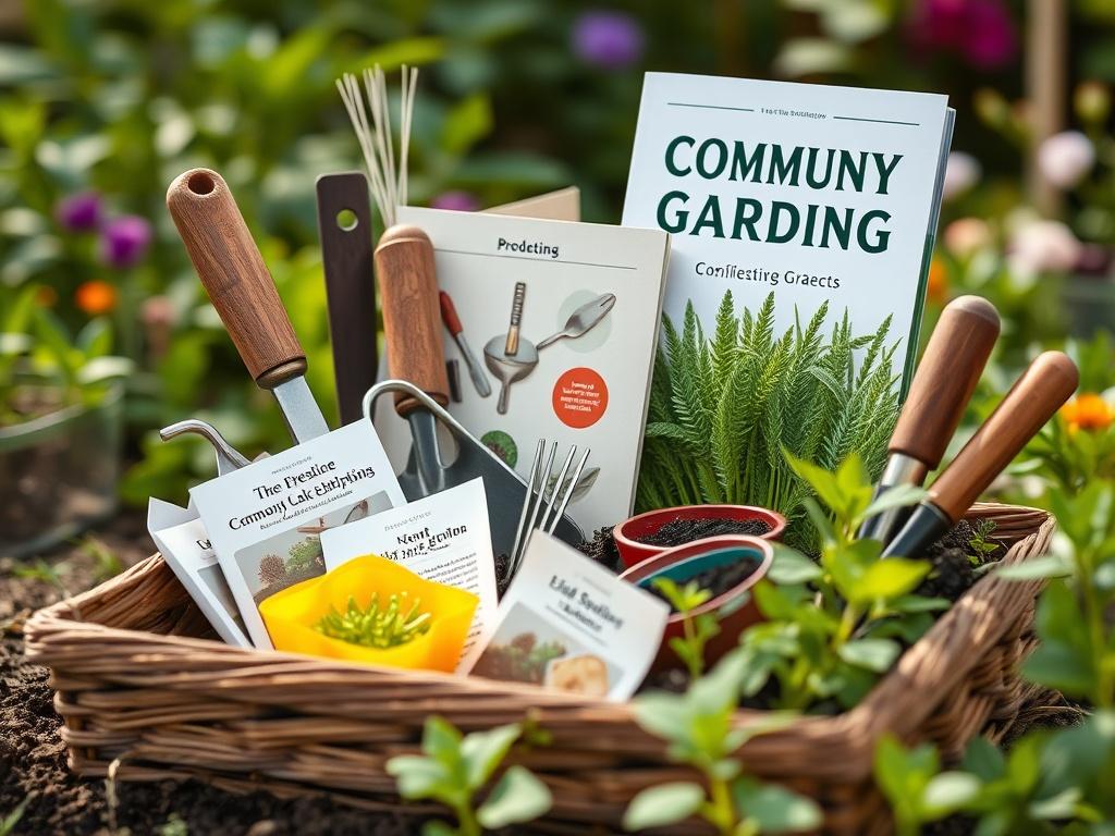 A close-up shot of a community gardening toolkit, featuring gardening tools, seed packets, and a guidebook. The background should be a lush garden setting, emphasizing growth and collaboration. The image should evoke a sense of community spirit and the joy of gardening, encouraging viewers to take part in local gardening projects.
