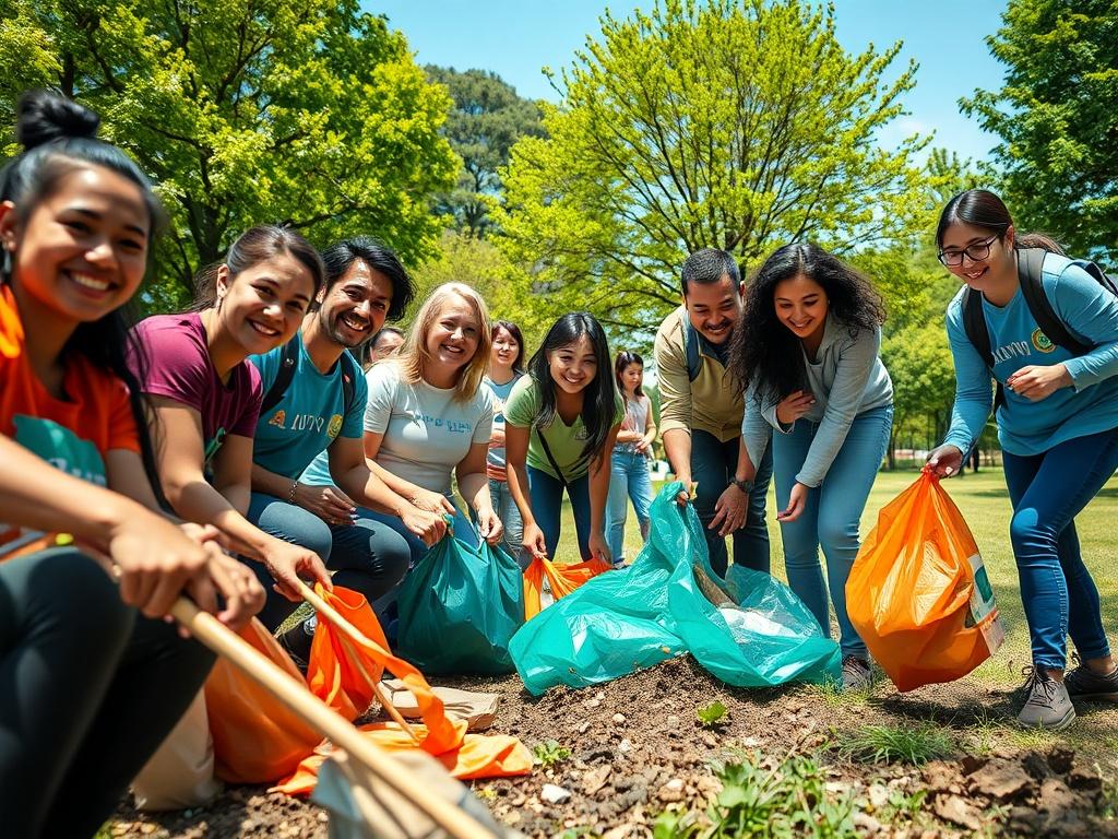 A vibrant scene of volunteers participating in a community clean-up event. The image should feature a diverse group of people picking up trash in a park, with smiles on their faces. Lush green trees and bright blue skies in the background, showcasing a clean and healthy environment. The composition should highlight the teamwork and dedication of the volunteers, capturing the essence of community involvement in sustainability efforts.