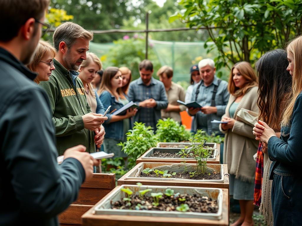 An informative demonstration showcasing sustainable living practices. The image should feature a knowledgeable presenter explaining composting techniques to an interested audience. Visible compost bins and small plants in the foreground, with attendees taking notes and asking questions. The setting should be a community garden, with greenery and flowers around, emphasizing the importance of sustainable practices in daily life. The atmosphere should be one of curiosity and engagement, demonstrating hands-on 