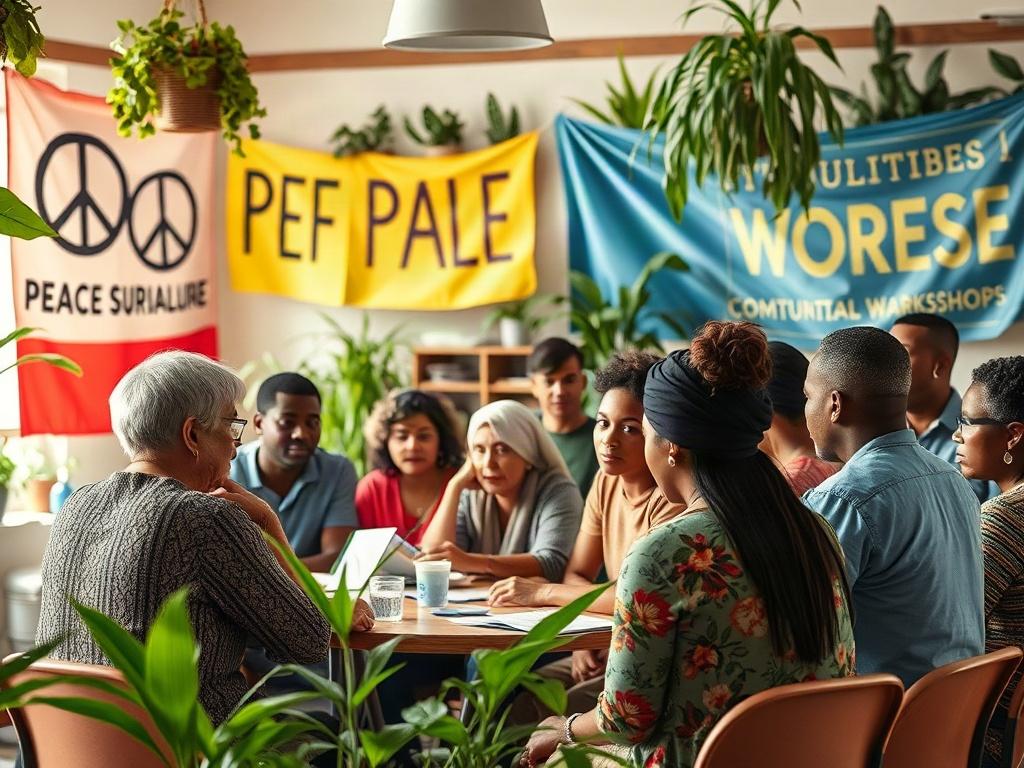 A vibrant community workshop scene, showing diverse participants engaged in discussion and activities, surrounded by colorful banners promoting peace and sustainability. The background features a cozy community center with plants and natural light, capturing a sense of collaboration and empowerment.