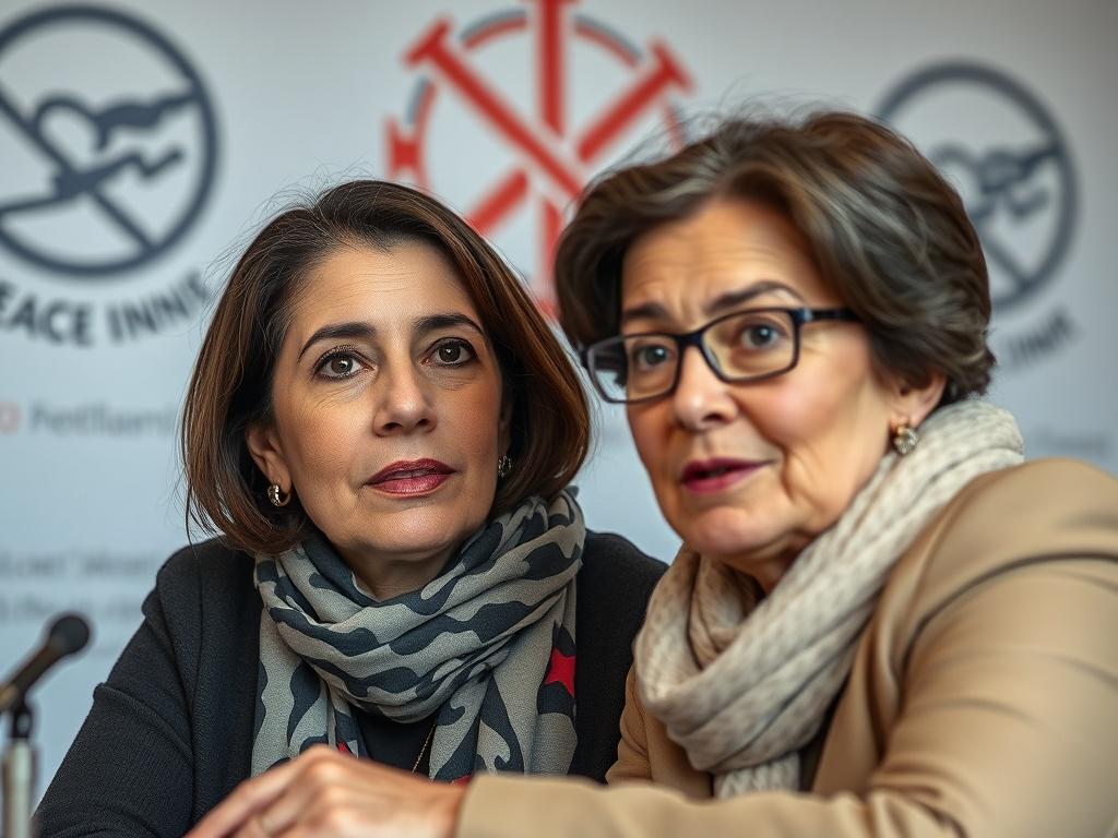 A close-up portrait of Lina Arafat and Sharon Dolev in a dialogue setting, with a backdrop symbolizing peace and disarmament. The image captures their expressions of determination and hope, highlighting their commitment to resolving conflicts through dialogue. The setting is simple and clear, emphasizing the importance of their discussion.