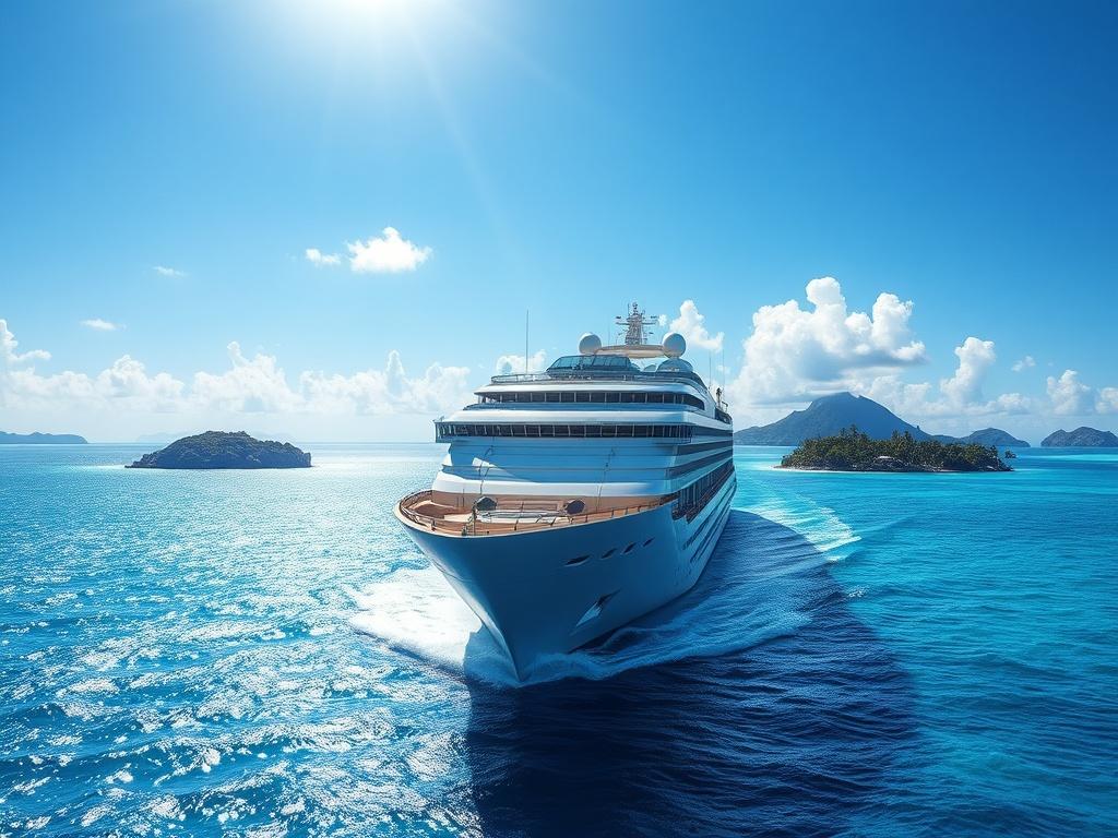 A breathtaking view of a luxurious cruise ship sailing through crystal-clear turquoise waters. The ship is adorned with elegant features and is surrounded by lush tropical islands in the background. The sky is bright blue with a few fluffy clouds, and the sunlight glistens on the water's surface, creating a serene and inviting atmosphere. The composition focuses solely on the cruise ship, highlighting its grandeur and the beauty of the surrounding seascape.