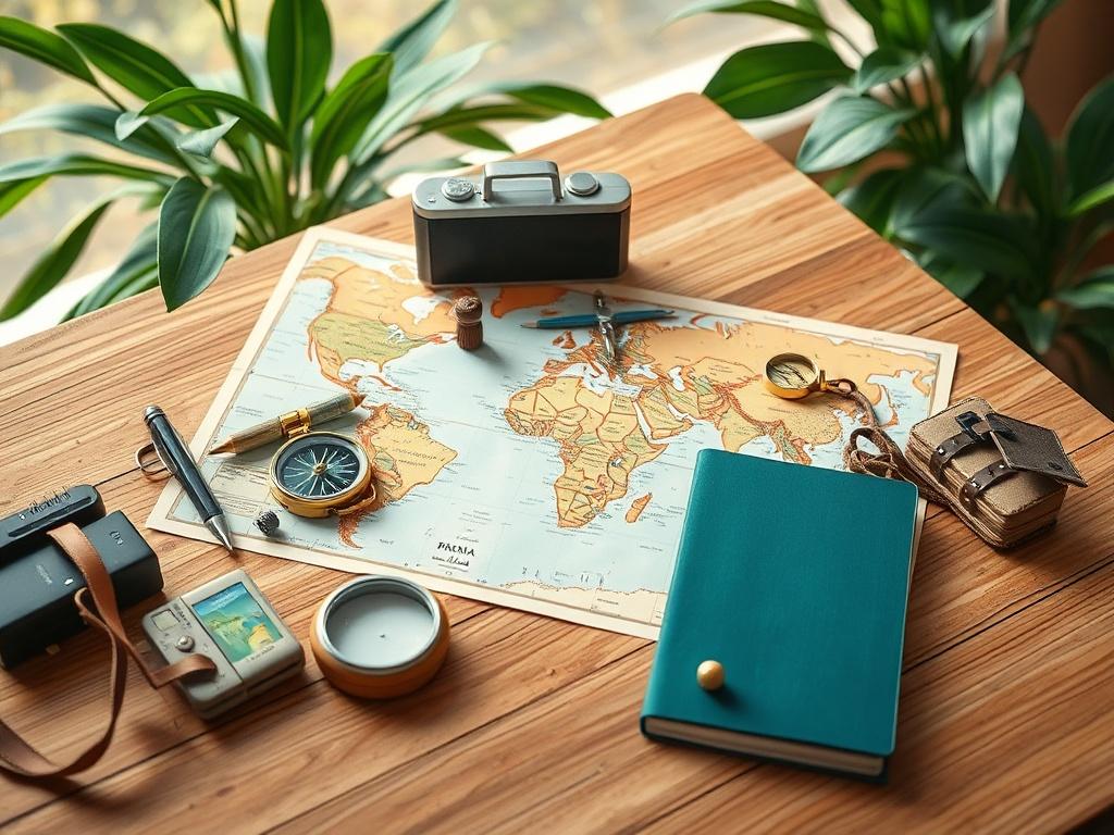 A beautifully arranged travel itinerary on a wooden table, featuring
