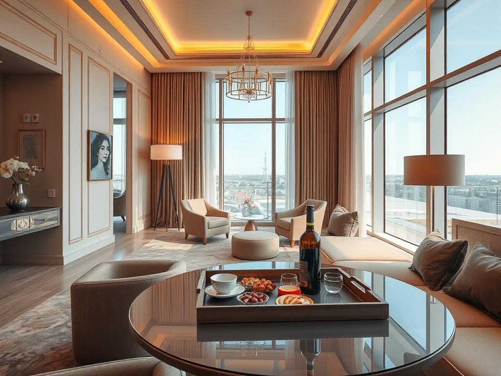 A stunning luxury hotel room featuring elegant decor, large windows