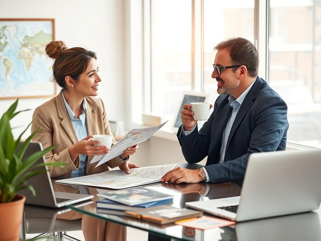 A professional travel consultant discussing travel plans with a client