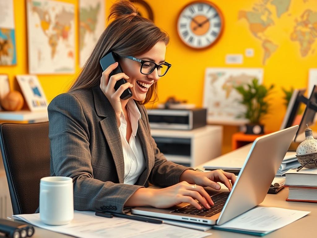 A travel agent on the phone, excitedly booking travel arrangements