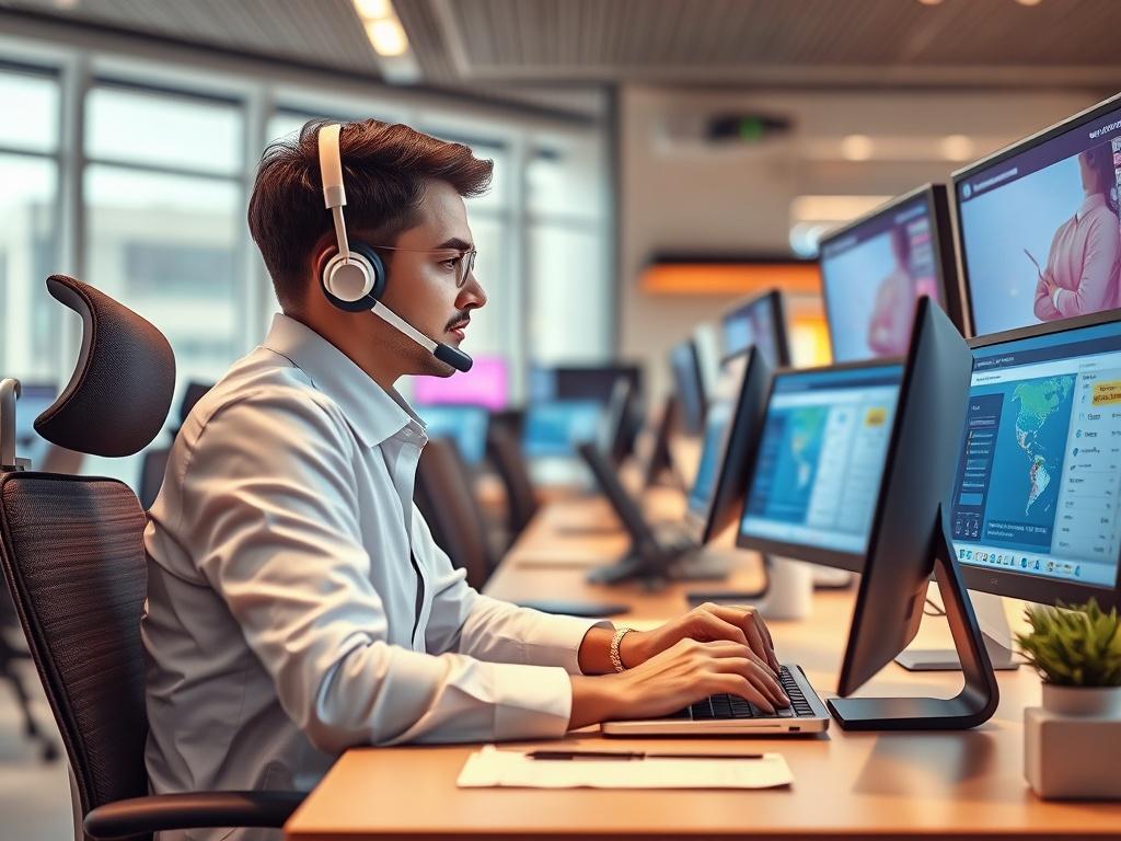 A travel support agent on the phone, assisting a client
