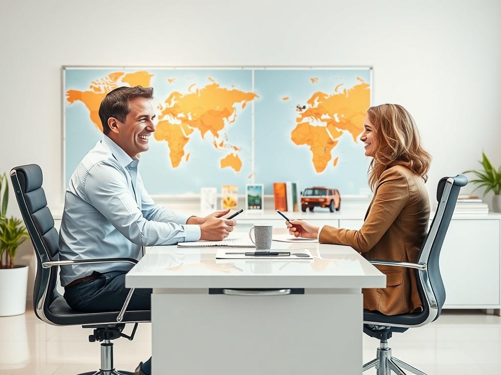 A friendly travel advisor sitting at a modern desk, engaging