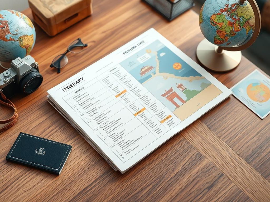 A well organized travel itinerary on a sleek wooden table,
